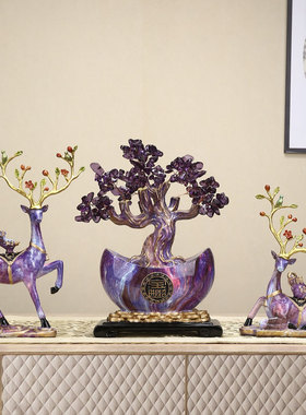 新中式客厅玄关鹿摆件 招财元宝发财树办公室装饰品 开业乔迁礼品