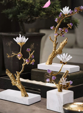 新中式创意招财树水晶铜摆件轻奢客厅酒柜书柜办公室装饰品礼品