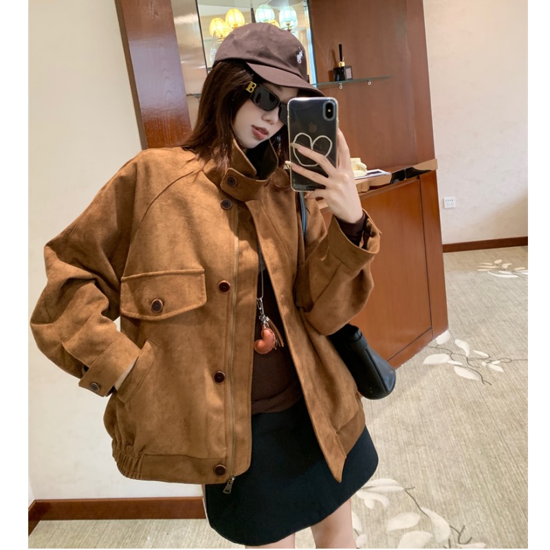美式常规翻领麂皮外套女