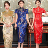 一边开叉礼仪服走秀龙凤旗袍2025年新款 裙高端演出 织锦缎改良短袖