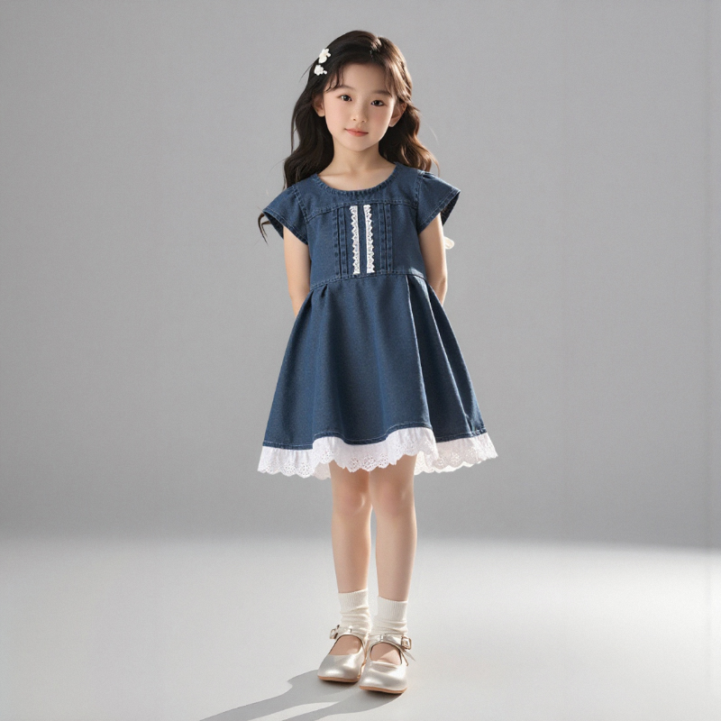 女童夏季花边牛仔裙2025新款小童韩版飞袖背心裙儿童公主风连衣裙