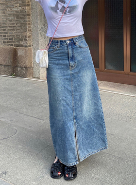 Firstlove 一起去看音乐节吧 复古长款开叉牛仔裙夏A字高腰半身裙