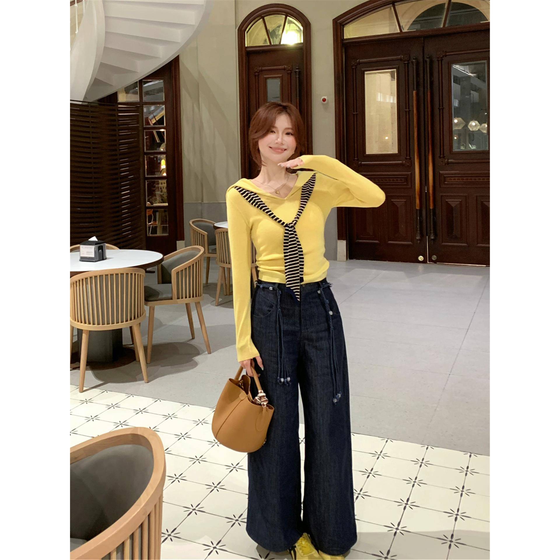 第七夜序秋季带披肩拼接假两件连帽针织衫女长袖上衣