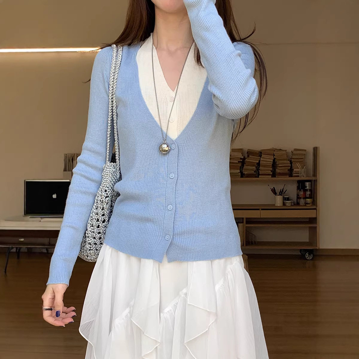 薇颂2026春季新款女装韩系撞色假两件针织衫女外穿百搭休闲上衣