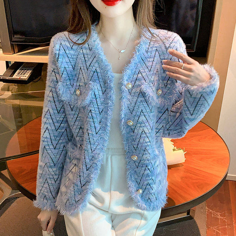 韩版流苏小香风仿水貂绒领短外套女秋冬新款气质针织开衫上衣女