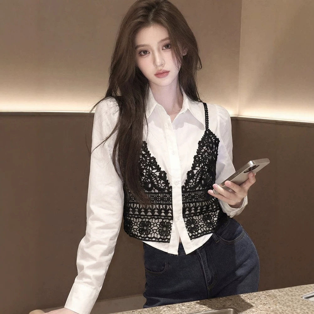 韩版蕾丝拼接假两件长袖衬衫女春季新款轻奢高端白色宽松显瘦上衣