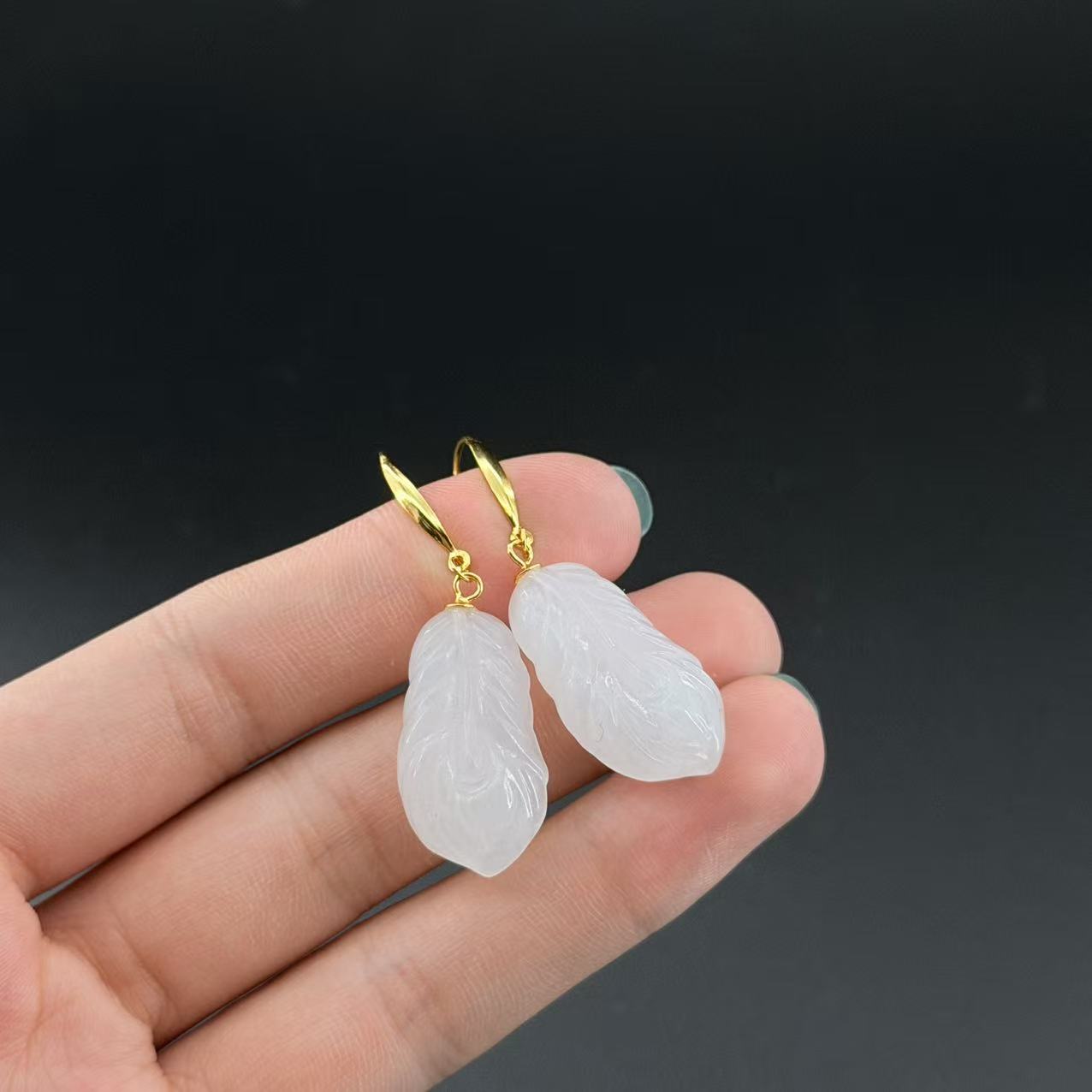 S925和田玉白玉羽毛耳钩，约28*13mm，多样性发货-Y欣-A2164