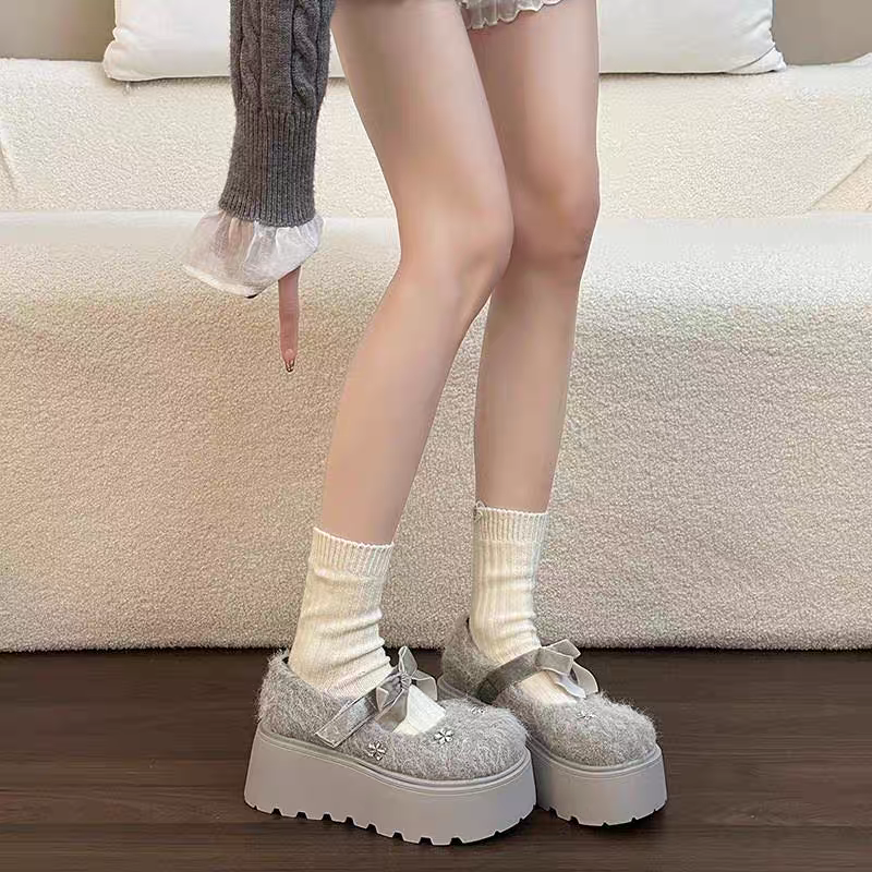 黑色复古增高厚底全包勃肯鞋女2026新款春秋外穿加绒玛丽珍毛毛鞋
