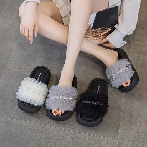 厚底蕾丝仙女风一字拖女夏增高