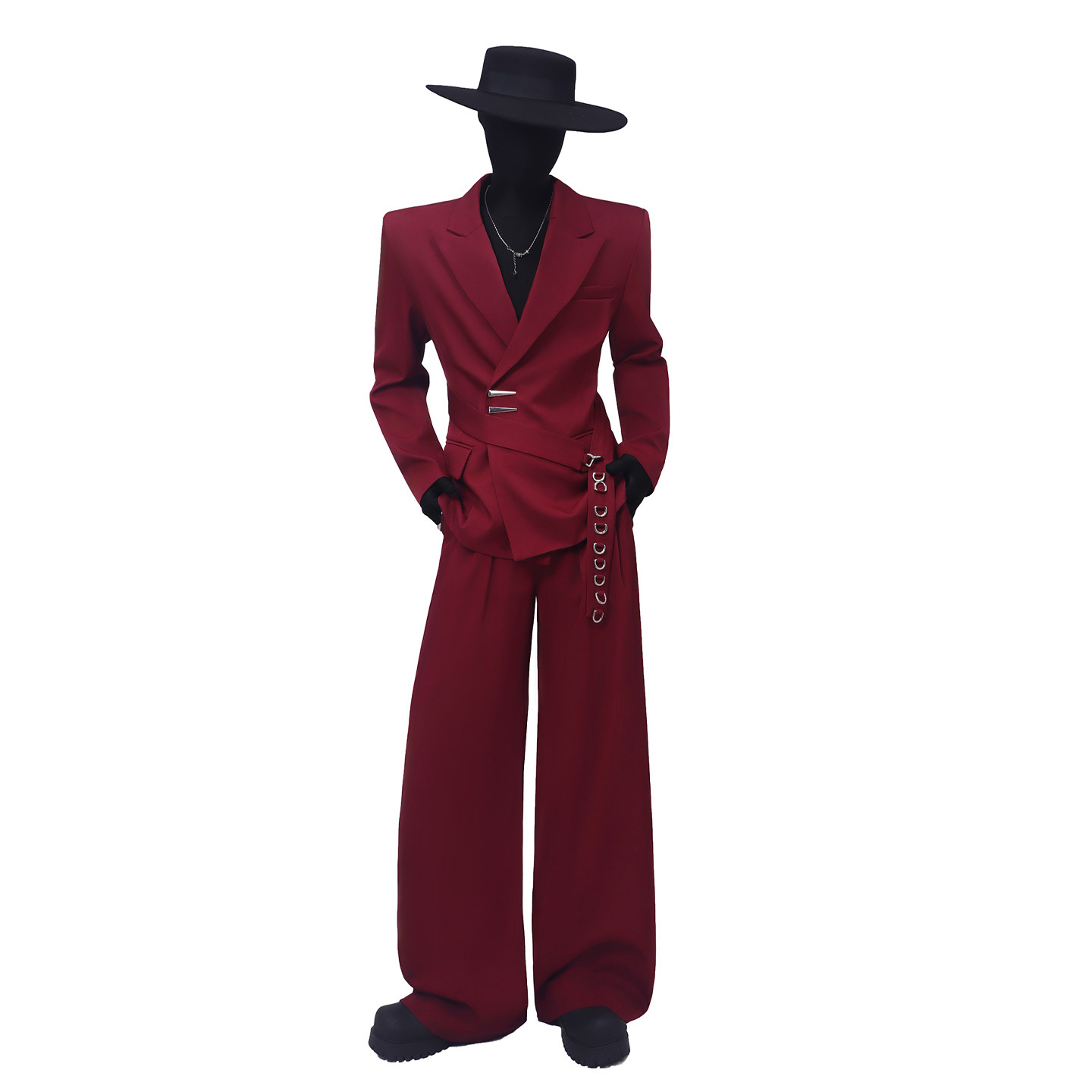 BlackClothes限定款酒红金属腰带设计感西服上衣垫肩休闲西裤套装