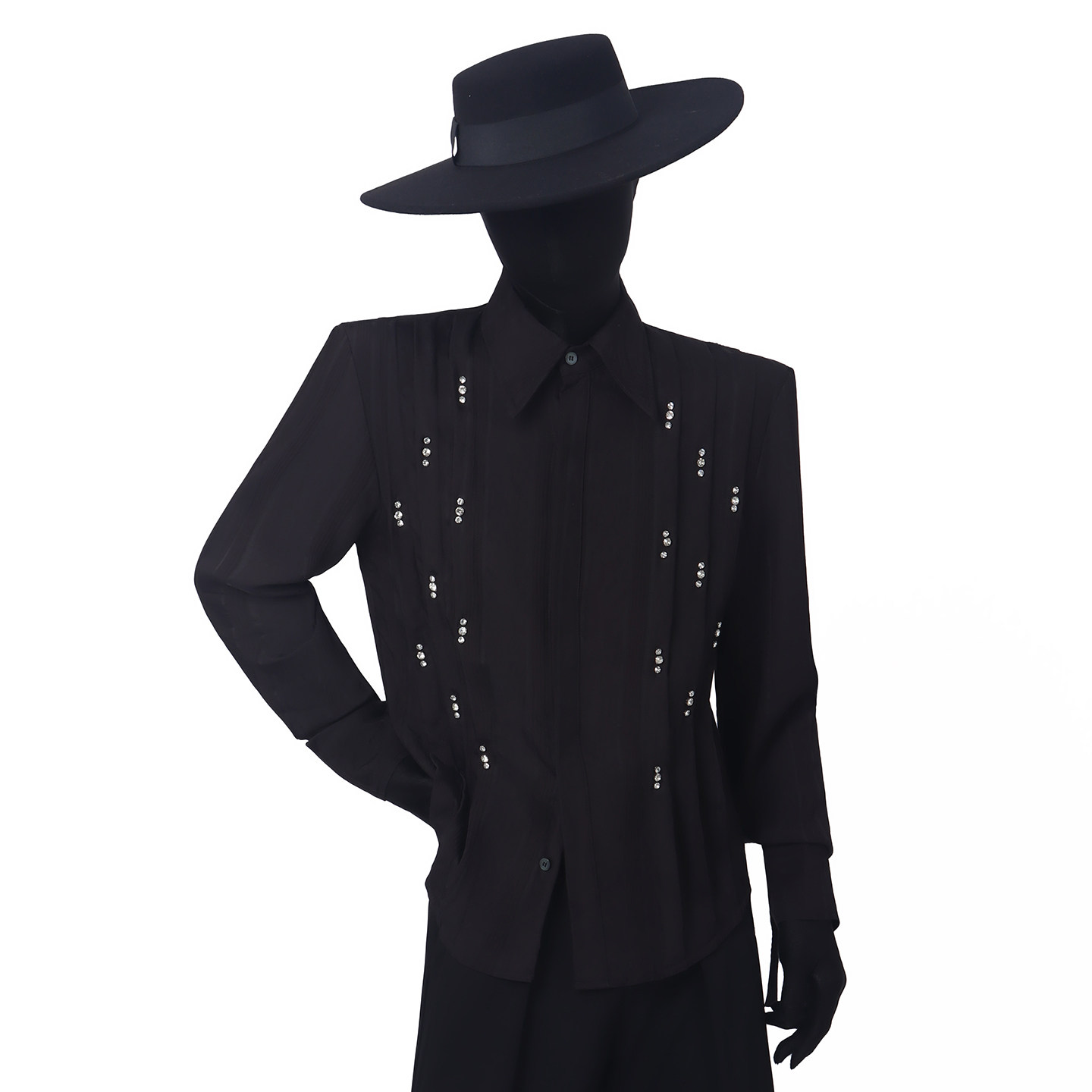 BlackClothe 月白救赎*小众镶钻点缀衬衫压褶条纹系带设计感衬衣