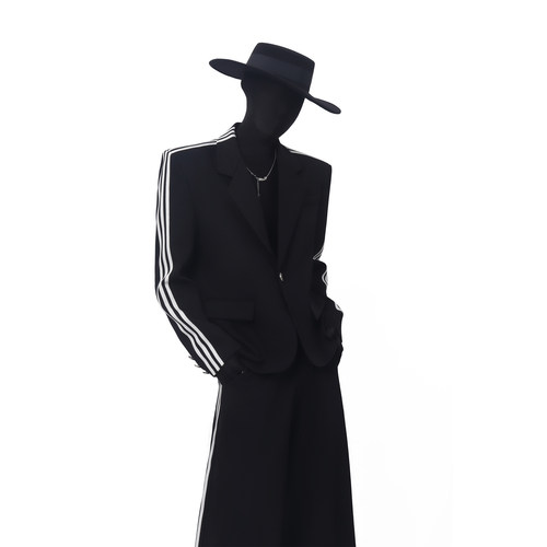 三条杠拼色短款垫肩西服套装男士