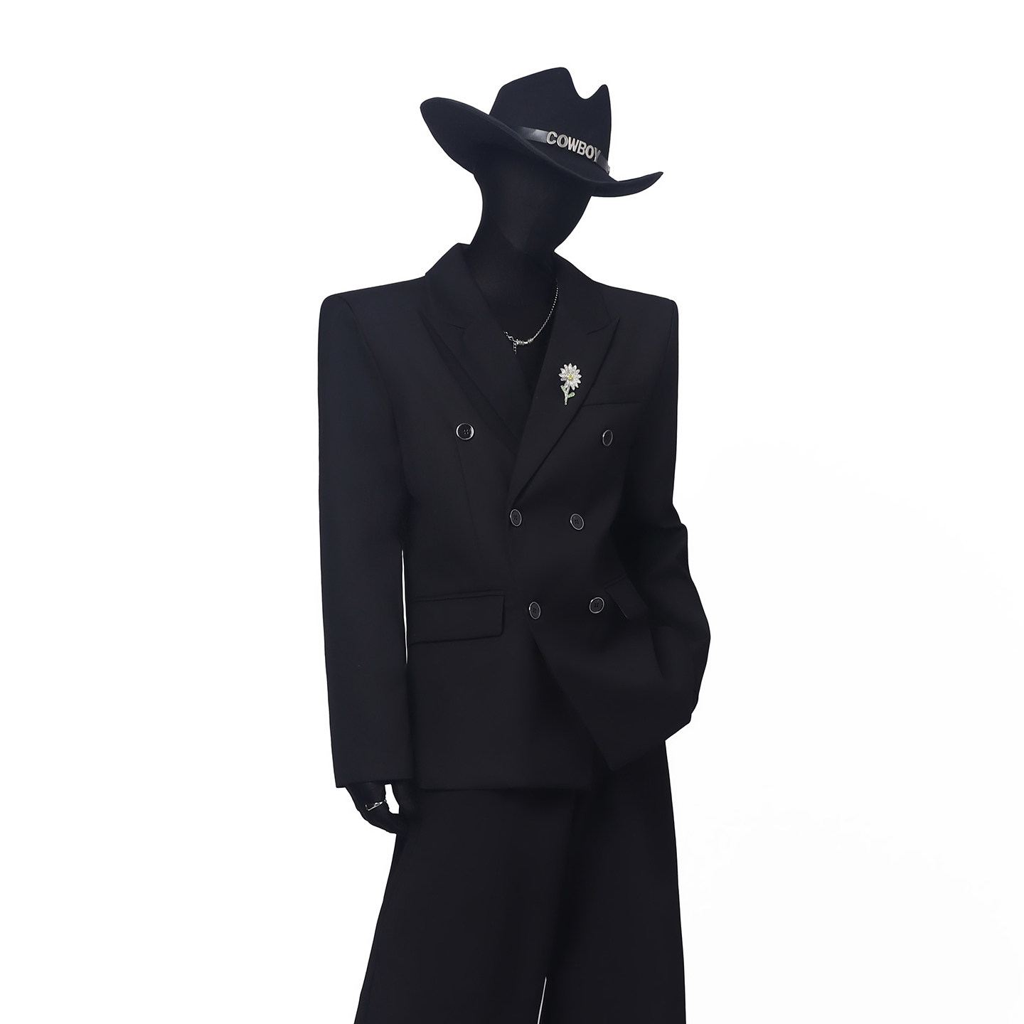 BlackClothes明星同款简约个性西装外套垫肩双排扣设计感西服上衣