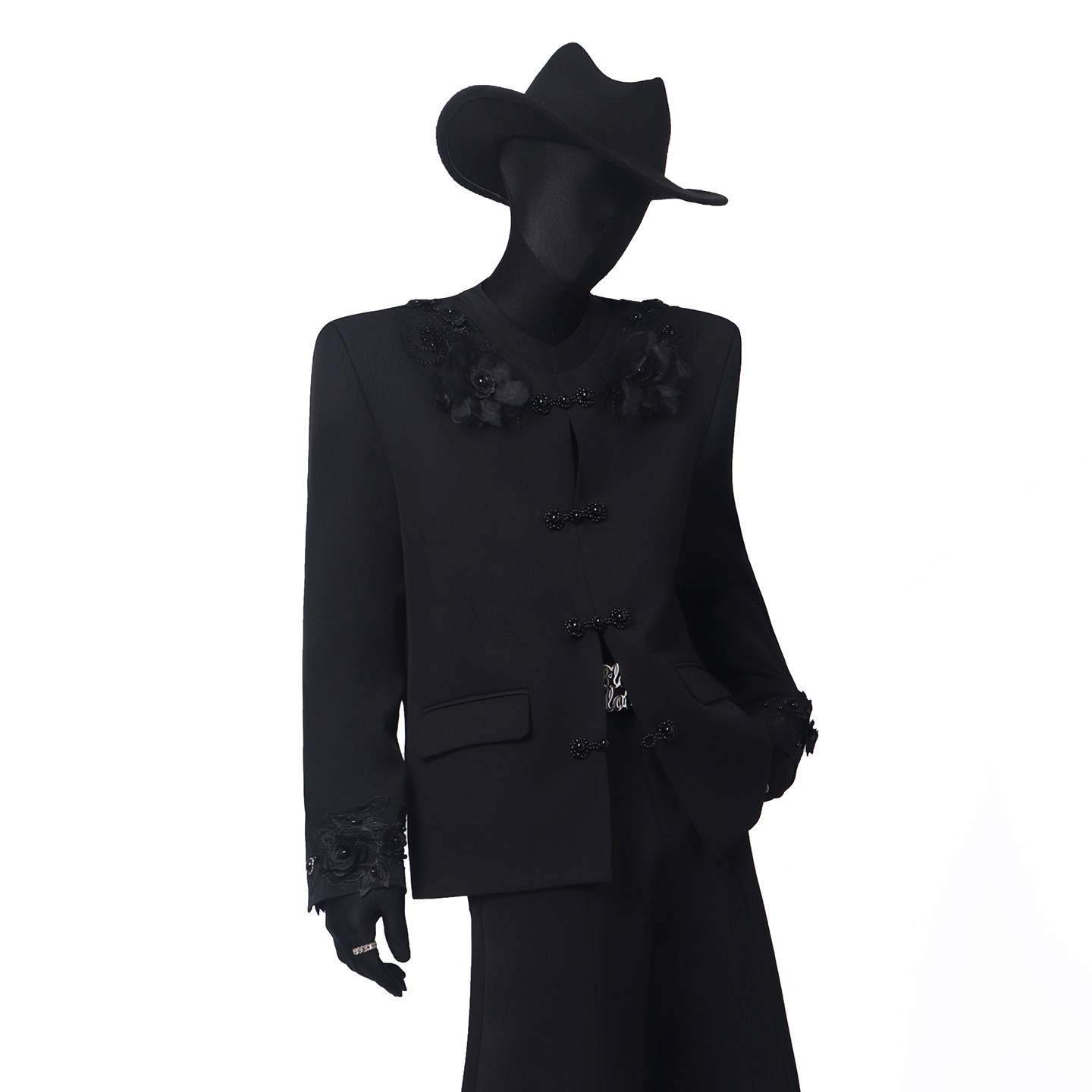 BlackClothes黑色新中式刺绣立体花韩版短款西装痞帅个性垫肩外套