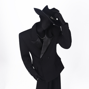 BlackClothes定制款简约纯色长袖西装外套领子拼皮商务西服休闲男