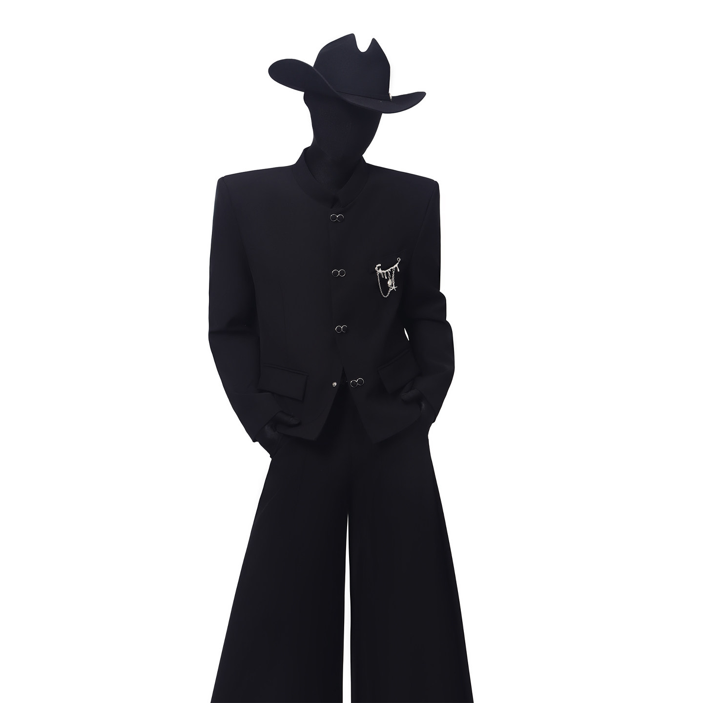 BlackClothes高定简约新中式立领西服外套金属装饰垫肩短款西装潮