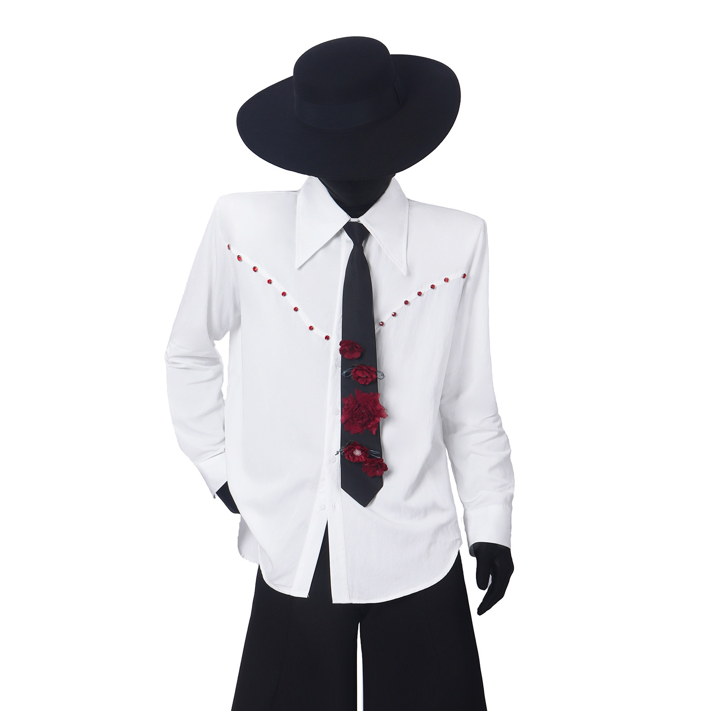 BlackClothes小众镶钻长袖衬衫男时尚立体玫瑰花领带垫肩休闲衬衣