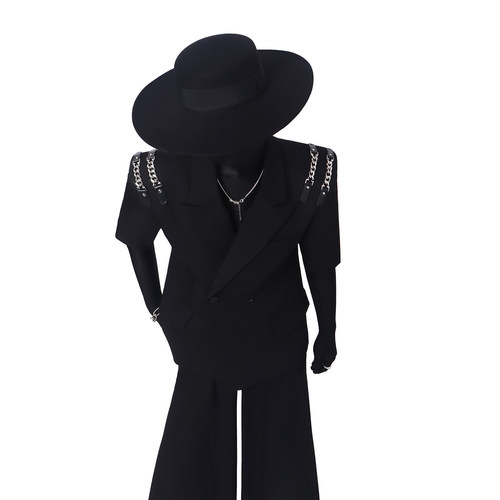 BlackClothes垫肩收腰金属链西服