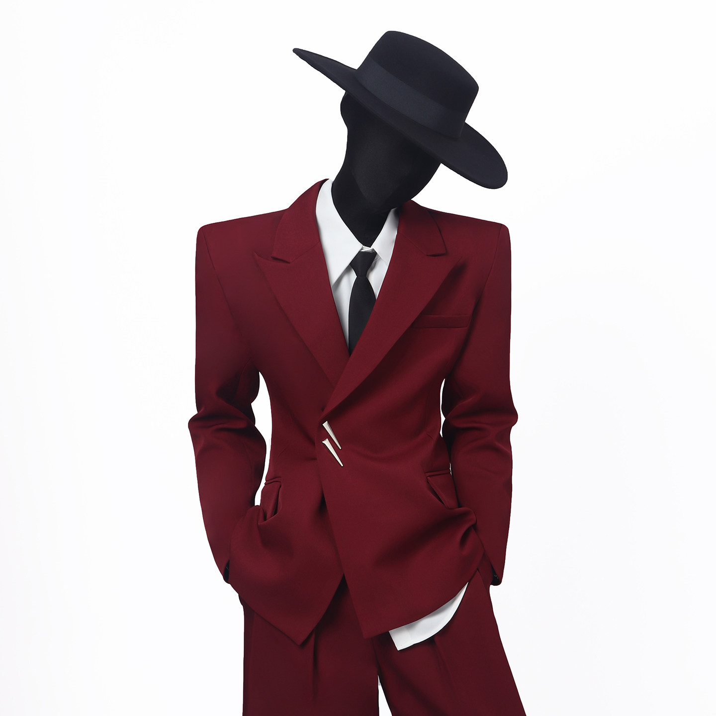 BlackClothes小众酒红翘肩西服外套个性气质宽松挺阔西裤两件套装