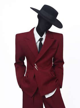 BlackClothes小众酒红翘肩西服外套个性气质宽松挺阔西裤两件套装