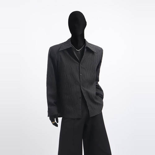 Black clothes高级感小众设计感褶皱波浪纹衬衫男韩版痞帅衬衣