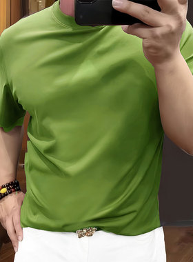 真长绒棉圆领男士短袖T恤修身夏季丝滑抗皱冰丝青年纯绿色打底衫