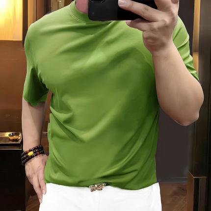 真长绒棉圆领男士短袖T恤修身夏季丝滑抗皱冰丝青年纯绿色打底衫