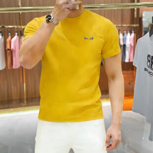 痞帅冰丝滑料亮色抗皱打底衫 圆领修身 短袖 真莫代尔玉蚕丝T恤男士