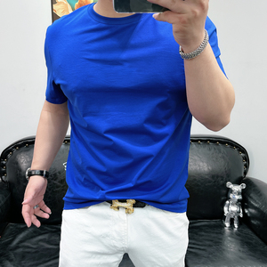 高端百搭圆领男士短袖T恤玉蚕丝修身丝滑高弹力纯色半袖体恤冰丝