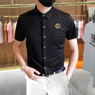 高端痞帅H男士短袖衬衫丝光棉修身弹力冰丝滑料高级感衬衣青年潮