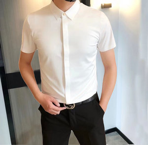 高端冰丝商务滑料男士短袖衬衫修身弹力D金扣丝滑高级感衬衣青年