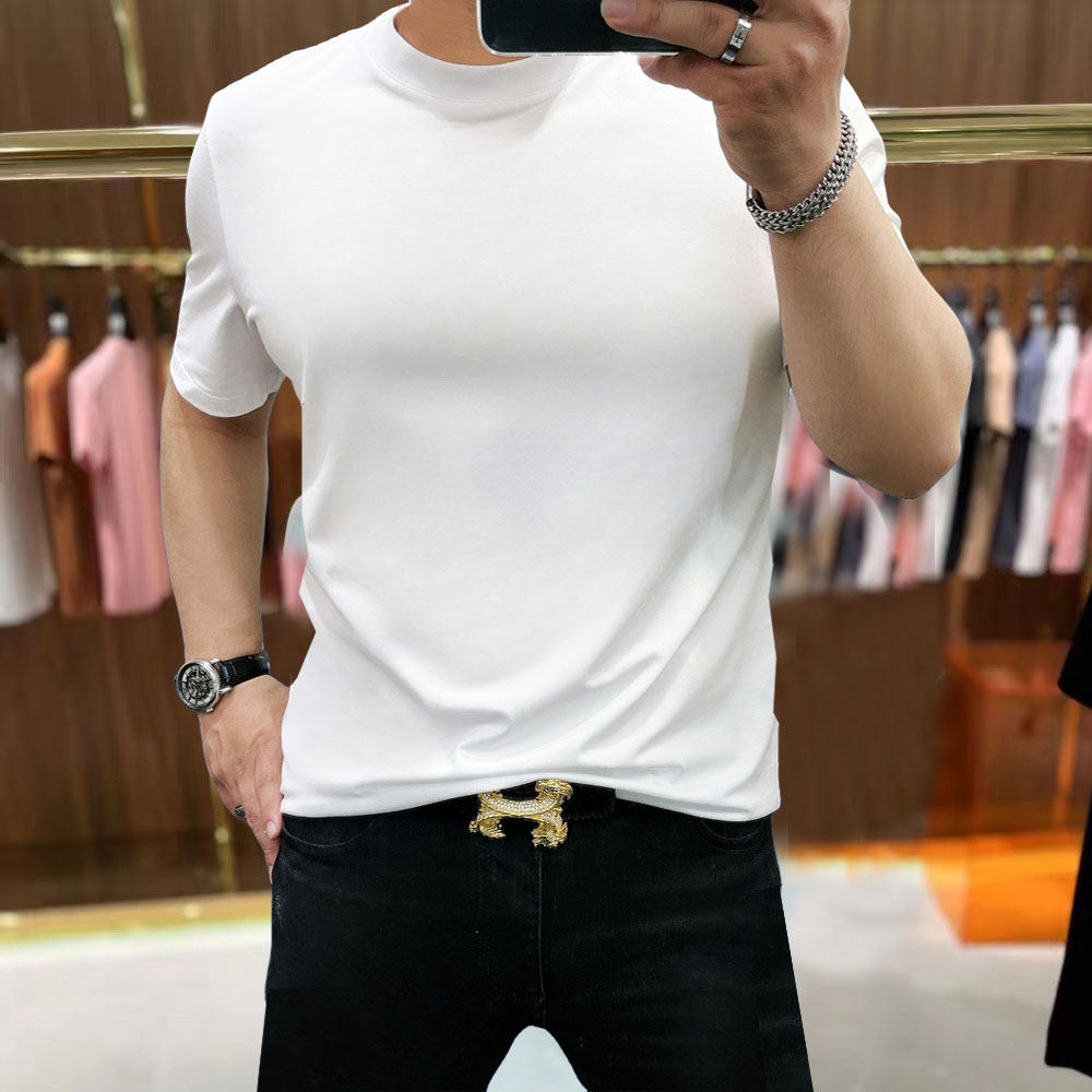 高端百搭圆领男士短袖T恤玉蚕丝修身丝滑高弹力纯色半袖体恤冰丝