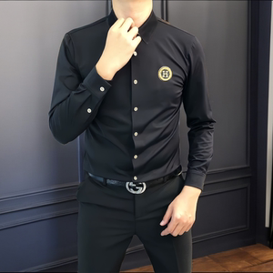 丝滑免烫商务长袖男士衬衫H刺绣无痕修身弹力丝光棉痞帅衬衣青年