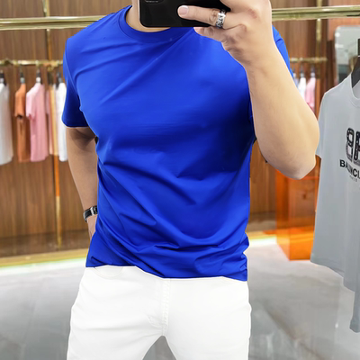 高端玉桑蚕丝T恤男士短袖圆领修身夏滑料蓝色免烫冰丝光棉打底衫