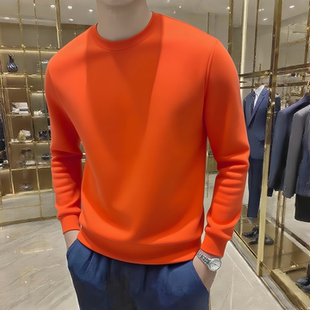 长绒棉套头卫衣男宽松大码橘红色丝光棉圆领长袖T恤打底衫青年潮