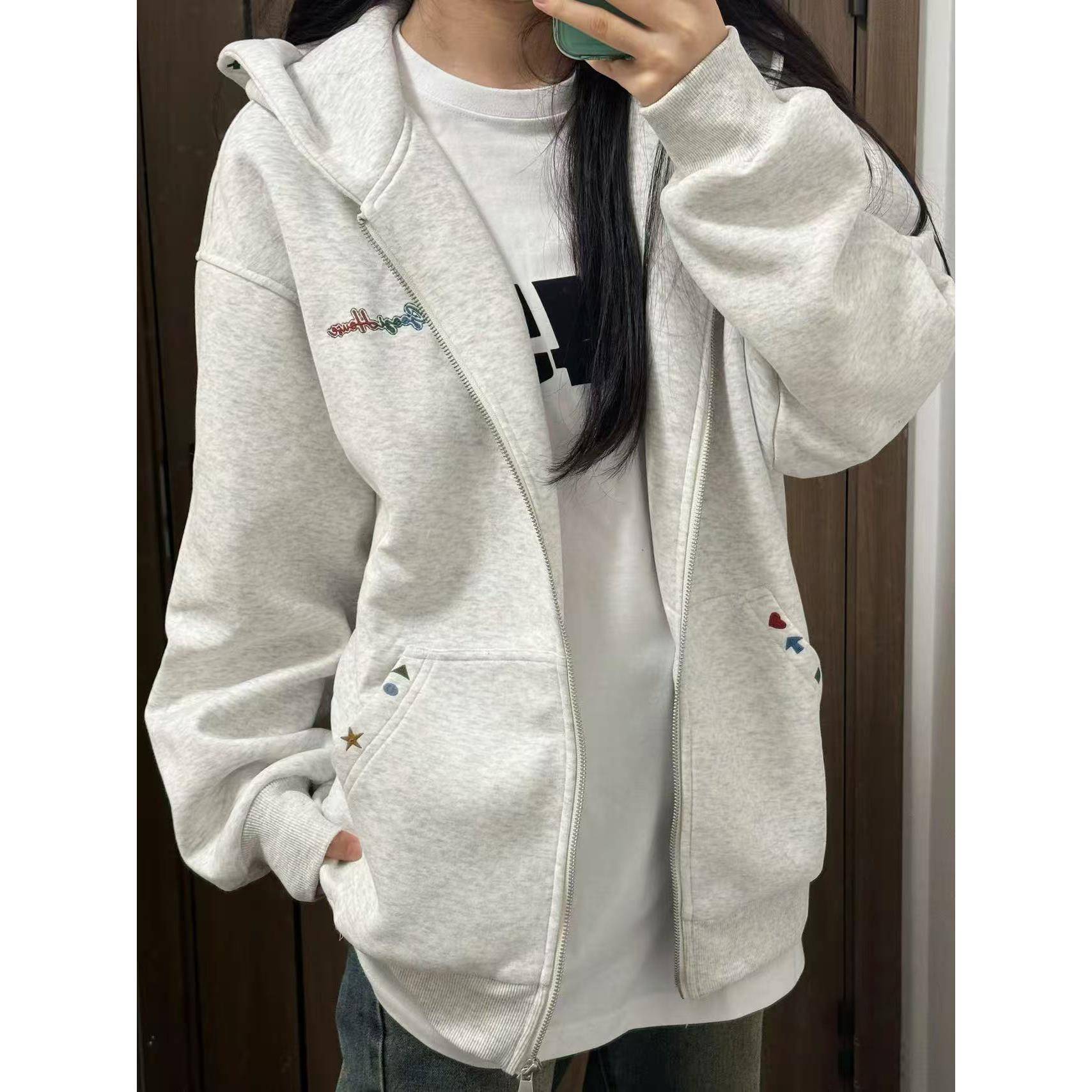 美式覆古开衫刺绣卫衣女2025新款秋冬设计感小众宽松连帽拉炼外套