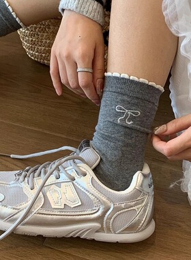 袜子秋冬款芭蕾风袜子女ins潮百搭中筒花边百搭蝴蝶结日系长筒袜