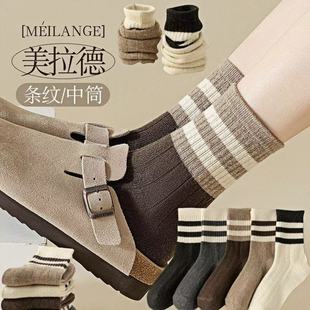 秋冬袜子女中筒条纹加厚保暖学院百搭运动防臭吸汗长筒袜堆堆袜