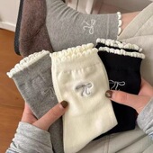 miu白色花边蝴蝶结袜子女春秋纯色中筒袜韩系少女显瘦ins潮堆堆袜