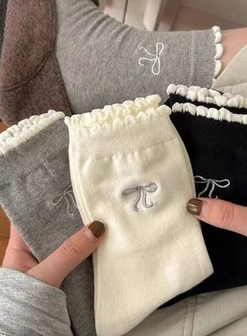 miu白色花边蝴蝶结袜子女春秋纯色中筒袜韩系少女显瘦ins潮堆堆袜