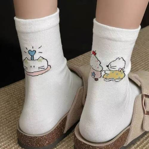 秋款袜子女中筒袜韩版ins后跟线条可爱卡通小猫咪学生堆堆春秋