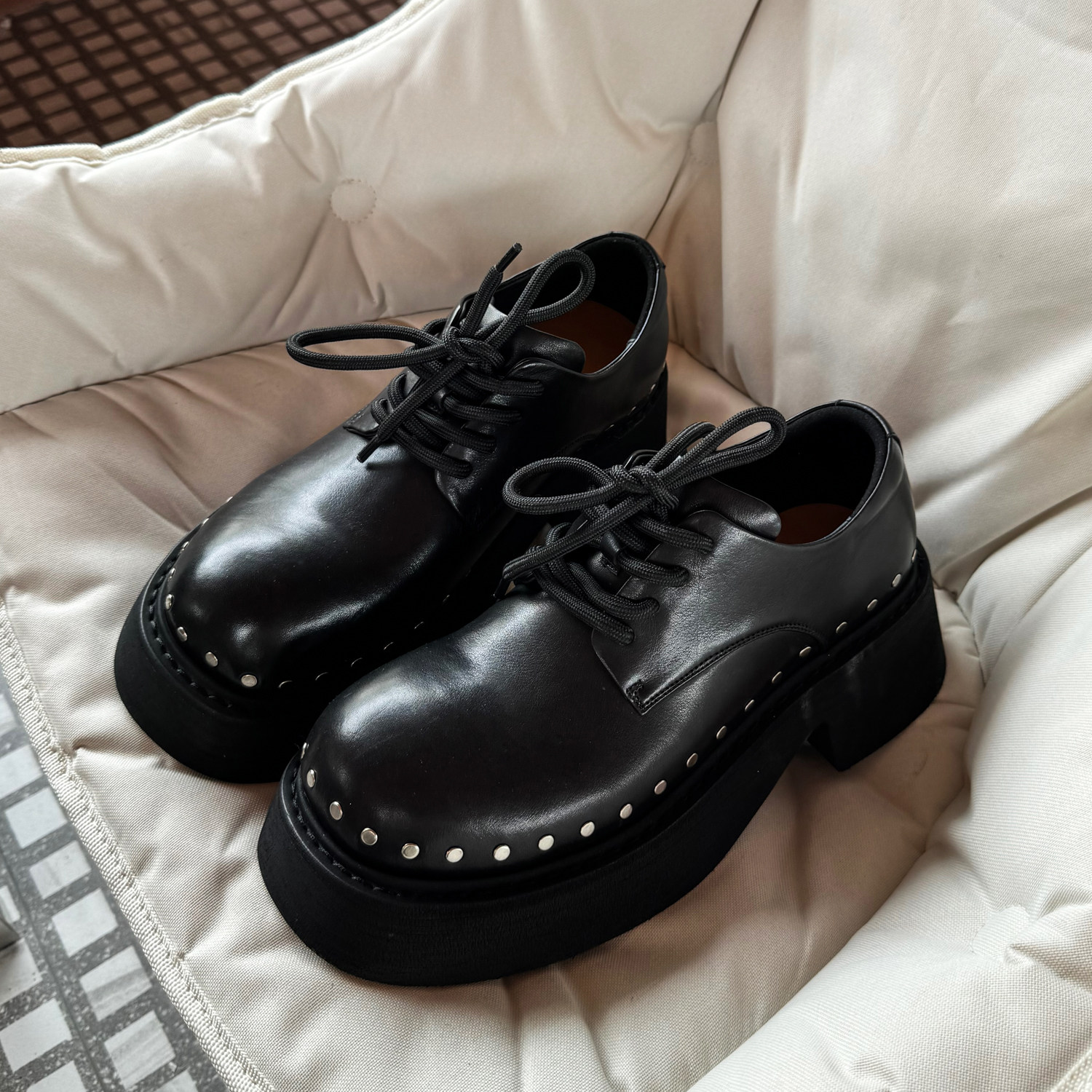 【帽子先森】一圈铆钉米奇德比鞋男黑色大头牛皮鞋欧货真皮松糕鞋,流行男鞋,休闲皮鞋,淘宝优惠券,粉丝福利购,淘宝优惠卷