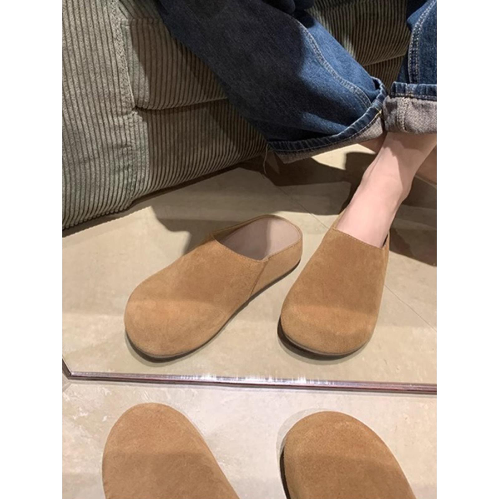 牛皮版~软底反绒真皮包头拖懒人勃肯鞋2025新款面包鞋平底穆勒鞋