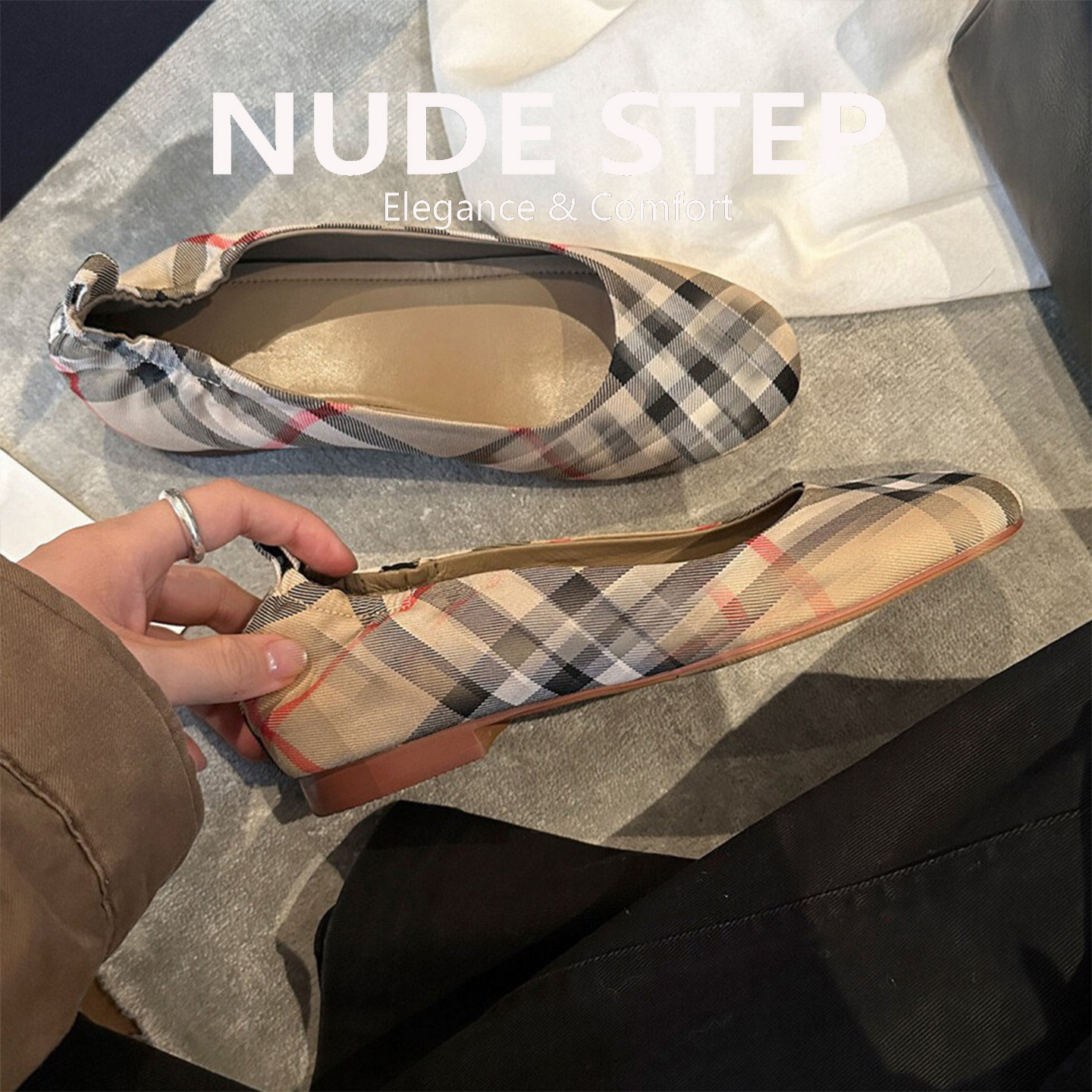 宅女同款格纹浅口平底百搭奶奶鞋