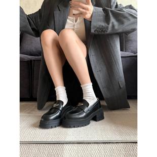 百搭单鞋 女黑色一脚蹬小皮鞋 英伦风厚底乐三角标福鞋 牛皮版