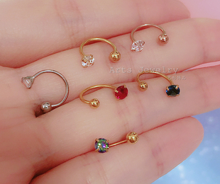 细杆U型锆石耳钉防水防汗14K包金四爪包钻钛钢螺丝扣耳骨钉耳软骨
