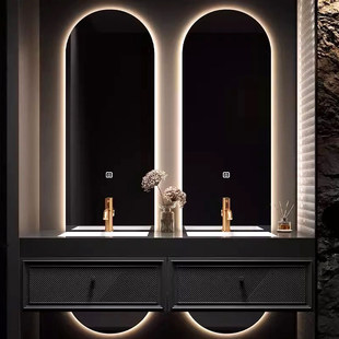 法式复古双盆浴室柜岩板一体台盆卫生间洗漱台洗手池洗脸盆柜组合