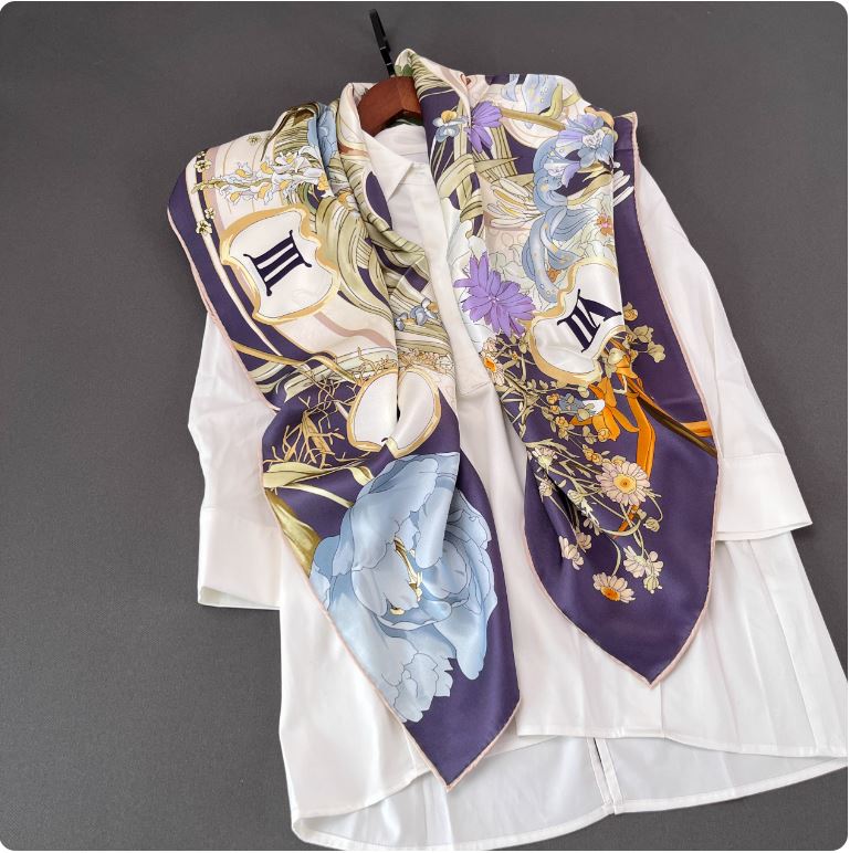 粉紫花卉23姆米超重磅真丝双面缎110cm大方巾100桑蚕丝加厚围巾