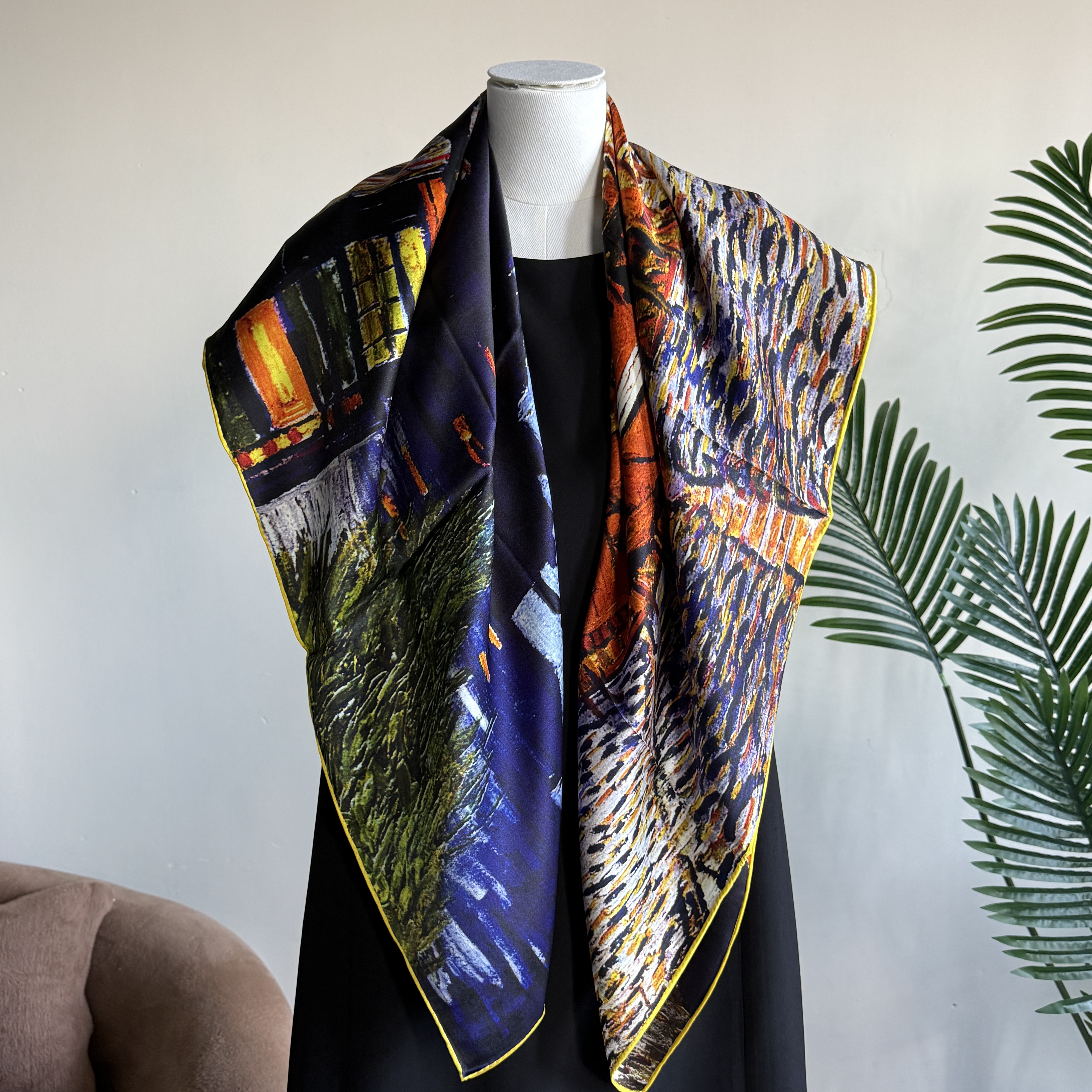 夜间的露天咖啡座105cm23姆米重榜真丝双面缎大方巾100桑蚕丝披肩