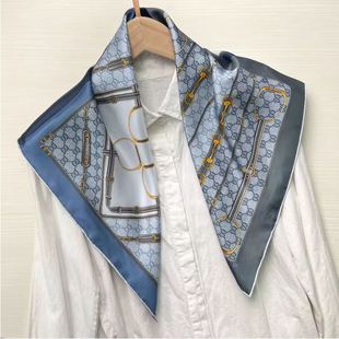 新款 饰搭配小方巾 蓝色伦敦下午茶65cm桑蚕丝斜纹绸中方巾丝巾装